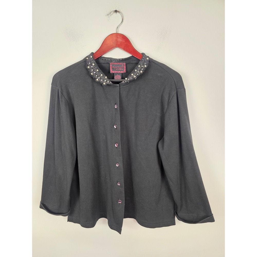 April‎ Cornell Black Cotton Embellished Pearl Rhinestone Collar Cardigan Top L